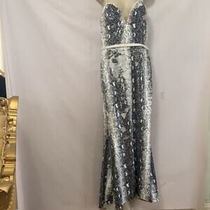 JOVANI BLACK & WHITE SNAKE PRINT HOLOGRAPHIC SEQUINS WEDDING‎ MAXI DRESS SIZE 8